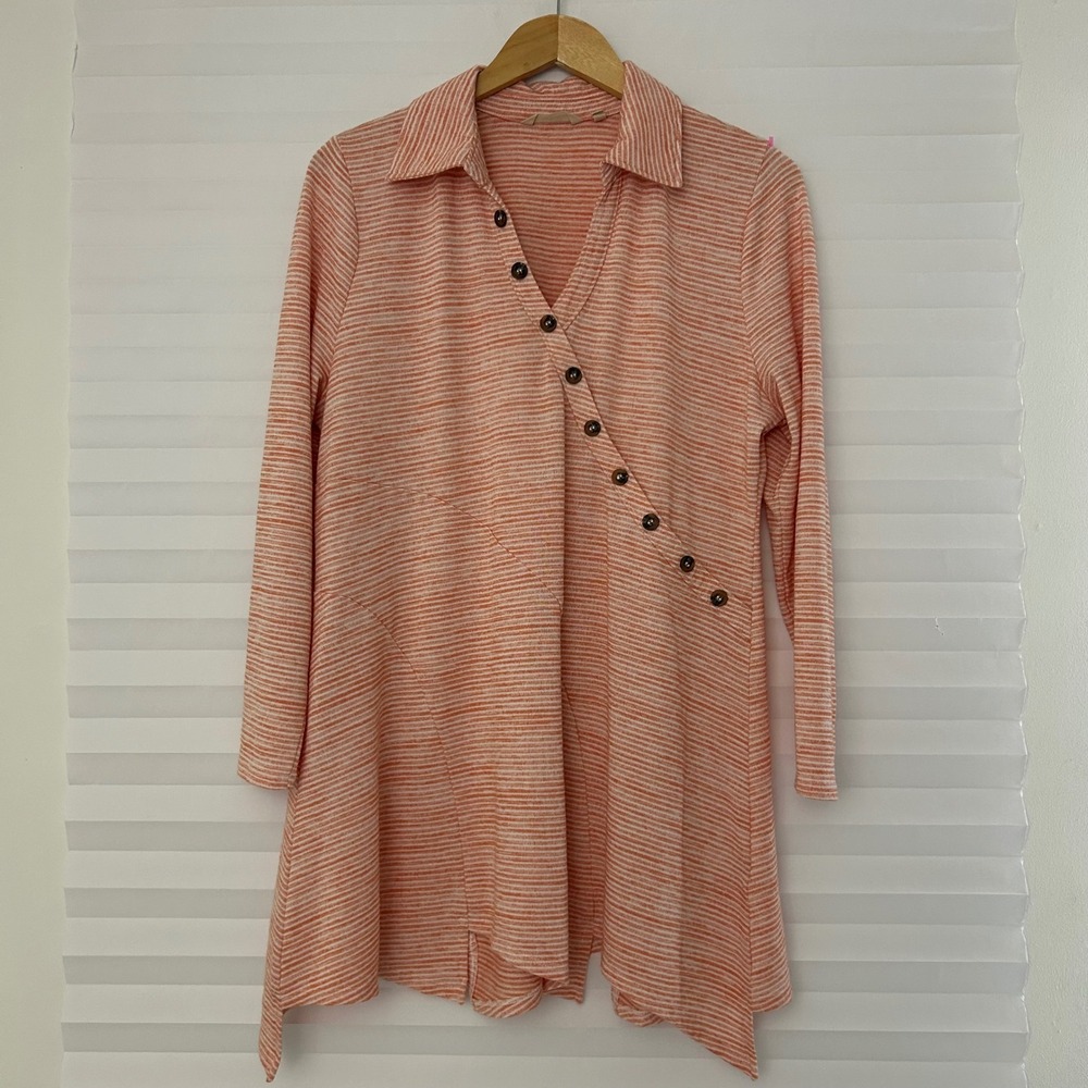 Soft Surroundings Orange Striped Asymmetrical Button Sharkbite Tunic Top Large